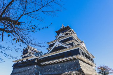 Açık mavi gökyüzüne karşı geleneksel mimarisi ile Japonya 'daki tarihi Kumamoto Kalesi.
