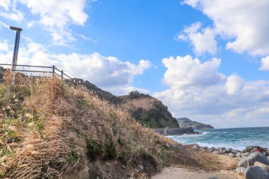 Bulutlu Gökyüzü Altında Çimenli Tepeler ve Okyanus Dalgaları ile Rocky Kıyı Manzarası