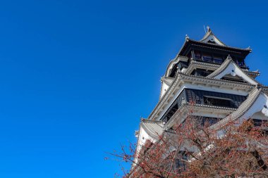Açık mavi gökyüzüne karşı geleneksel mimarisi ile Japonya 'daki tarihi Kumamoto Kalesi.