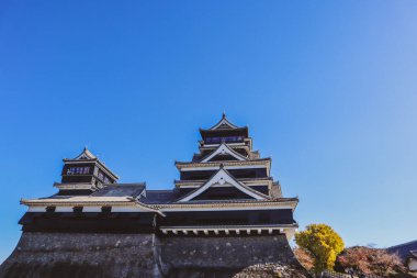 Açık mavi gökyüzüne karşı geleneksel mimarisi ile Japonya 'daki tarihi Kumamoto Kalesi.