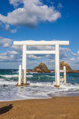 Deniz kenarındaki Kutsal Tapınak Kapısı Nikahlı Kayalar, Fukuoka Japonya