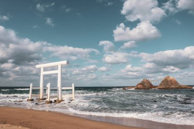 Deniz kenarındaki Kutsal Tapınak Kapısı Nikahlı Kayalar, Fukuoka Japonya