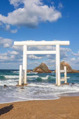 Deniz kenarındaki Kutsal Tapınak Kapısı Nikahlı Kayalar, Fukuoka Japonya