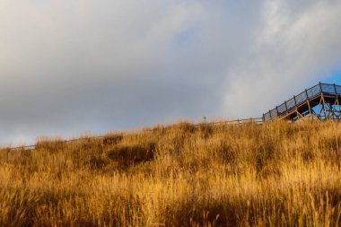 Aso Dağı Japonya 'sında Bulutlu Gökyüzü ile Manzaralı Otlaklar Tepesi