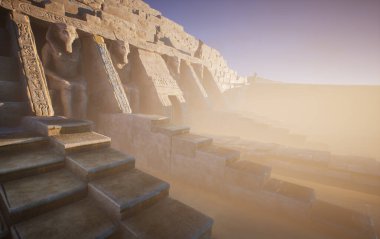 3D, çöldeki sinematik bir Mısır tapınağının arka plan görüntüsünü oluşturdu.