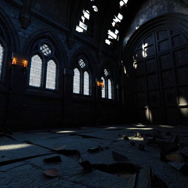 Fantezi gotik bir kilisenin iç mimarisi.