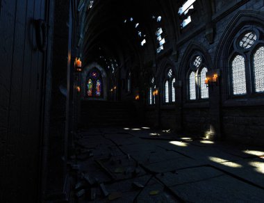 Fantezi gotik bir kilisenin iç mimarisi.