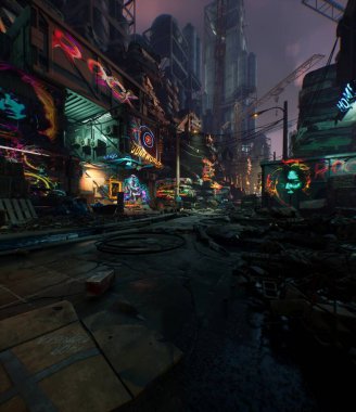 Bir siber punk hurdalığının 3D oluşturulmuş arkaplan resmi