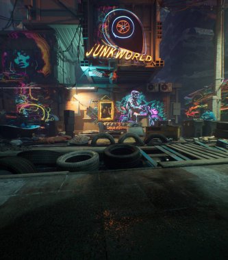 Bir siber punk hurdalığının 3D oluşturulmuş arkaplan resmi