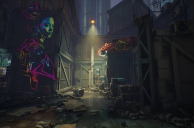 Bir siber punk hurdalığının 3D oluşturulmuş arkaplan resmi