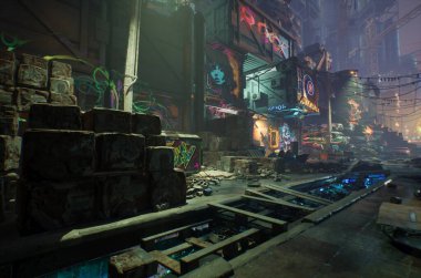 Bir siber punk hurdalığının 3D oluşturulmuş arkaplan resmi