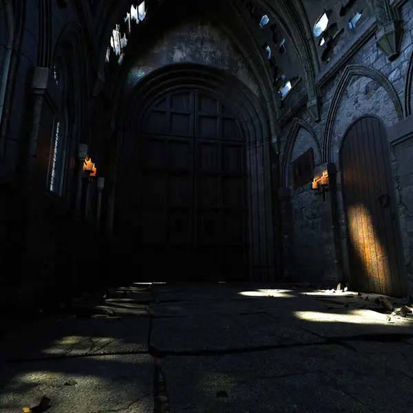 Fantezi gotik bir kilisenin iç mimarisi.