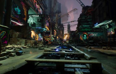 Bir siber punk hurdalığının 3D oluşturulmuş arkaplan resmi