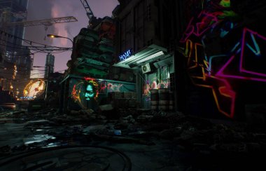 Bir siber punk hurdalığının 3D oluşturulmuş arkaplan resmi