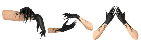 Üç farklı pozda siyah pençeli üç boyutlu fantezi elleri beyaz arka planda izole edilmiş. 