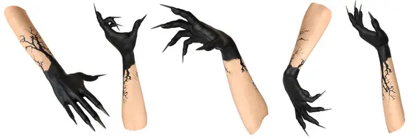 Üç farklı pozda siyah pençeli üç boyutlu fantezi elleri beyaz arka planda izole edilmiş. 