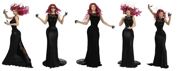 Üç boyutlu, uzun siyah elbiseli, pembe uzun saçlı, beyaz arka planda izole edilmiş hayali bir kadın karakter. Her poz yüksek çözünürlüklü bir resim. 