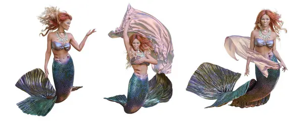 Farklı pozlarda duvağı olan üç boyutlu bir deniz kızı, beyaz bir arka planda izole edilmiş. Her poz yüksek çözünürlüklü bir resim. 