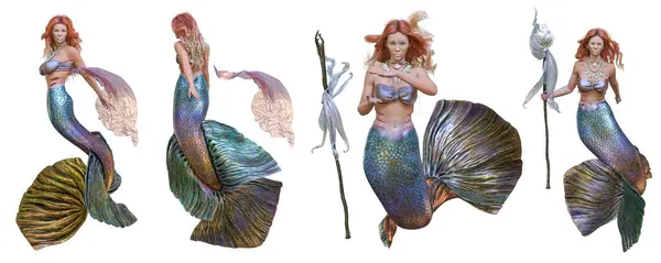 Üç boyutlu deniz kızı farklı pozlarda, beyaz arka planda izole edilmiş. Her poz yüksek çözünürlüklü bir resim. 