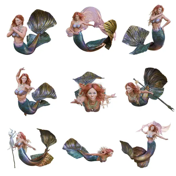 Üç boyutlu deniz kızı farklı pozlarda, beyaz arka planda izole edilmiş. Her poz yüksek çözünürlüklü bir resim. 
