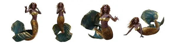 Üç boyutlu Afrikalı denizkızı farklı pozlarda, beyaz bir arka planda izole edilmiş. Her poz yüksek çözünürlüklü bir resim. 