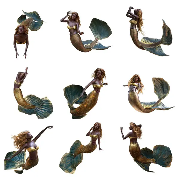 Üç boyutlu Afrikalı denizkızı farklı pozlarda, beyaz bir arka planda izole edilmiş. Her poz yüksek çözünürlüklü bir resim. 