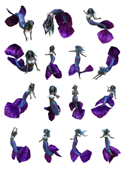 Üç boyutlu, beyaz bir arka planda izole edilmiş, farklı pozlarda siyah deniz kızı. Her poz yüksek çözünürlüklü bir resim. 