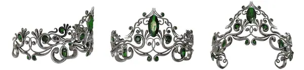 Üç boyutlu gümüş taç, beyaz arka planda farklı açılardan izole edilmiş değerli taşlar. 