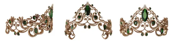 Beyaz arka planda farklı açılardan izole edilmiş üç boyutlu altın taç. 