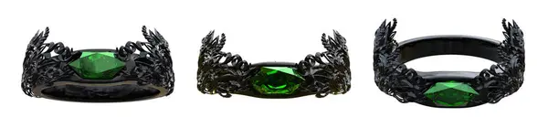 3 boyutlu koyu renkli fantezi tacı. Ortasında yeşil bir mücevher var. Farklı açılarda, beyaz arka planda izole edilmiş.