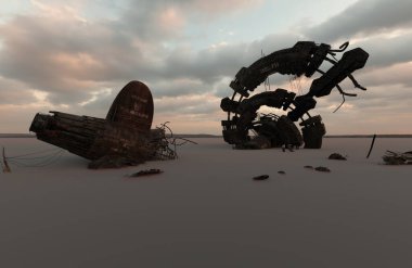 3D rendered sci-fi scene with wrecks in the desert  clipart
