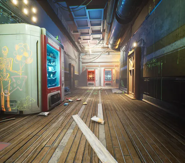 Bir siber punk binasının 3 boyutlu iç ortamı