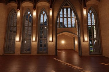 Büyük pencereli klasik bir villanın 3 boyutlu iç mekanı. 