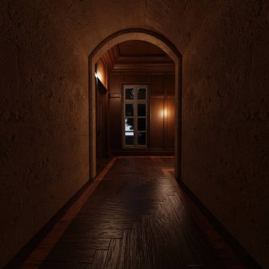 Klasik bir villadan yapılmış 3D bir koridor. 