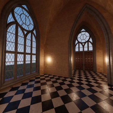 Büyük pencereli klasik bir villanın 3 boyutlu iç mekanı. 