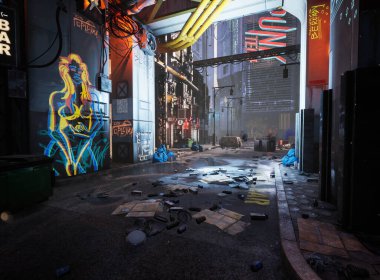 3D, neon tabelaları ve duvar yazıları olan bir siber punk sokak resmi. 