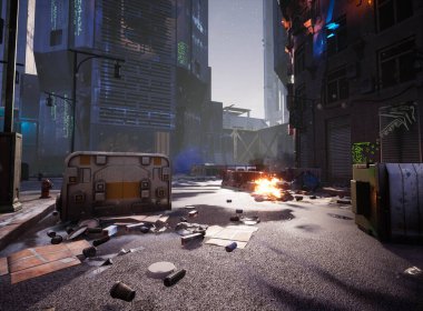 3D, neon tabelaları ve duvar yazıları olan bir siber punk sokak resmi. 
