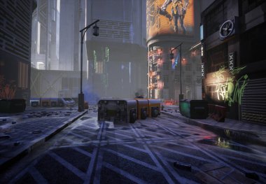 3D, neon tabelaları ve duvar yazıları olan bir siber punk sokak resmi. 