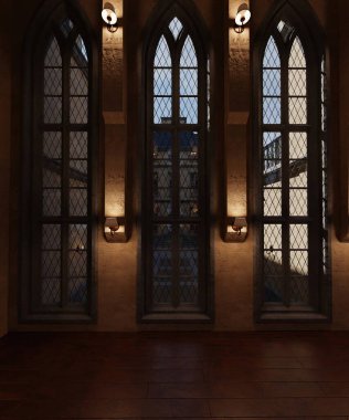 Büyük pencereli klasik bir villanın 3 boyutlu iç mekanı. 