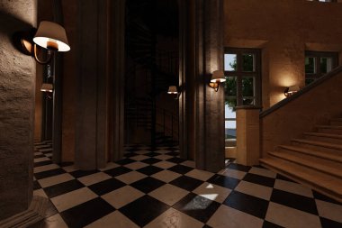 Büyük pencereli klasik bir villanın 3 boyutlu iç mekanı. 