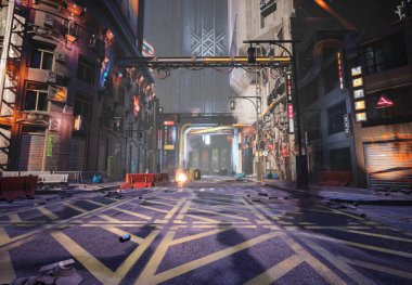 3D rendered illustration of a cyberpunk urban alley with neon signs and graffities  clipart