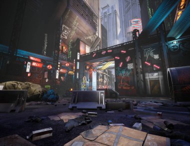 3D, neon tabelaları ve duvar yazıları olan bir siber punk sokak resmi. 