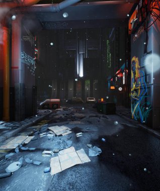 3D, neon tabelaları ve duvar yazıları olan bir siber punk sokak resmi. 
