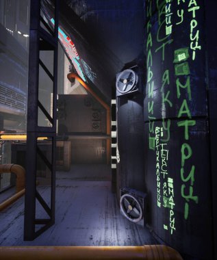 3D, neon tabelaları ve duvar yazıları olan bir siber punk sokak resmi. 