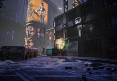3D, neon tabelaları ve duvar yazıları olan bir siber punk sokak resmi. 