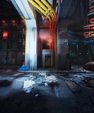 3D, neon tabelaları ve duvar yazıları olan bir siber punk sokak resmi. 