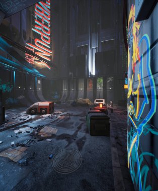 3D, neon tabelaları ve duvar yazıları olan bir siber punk sokak resmi. 