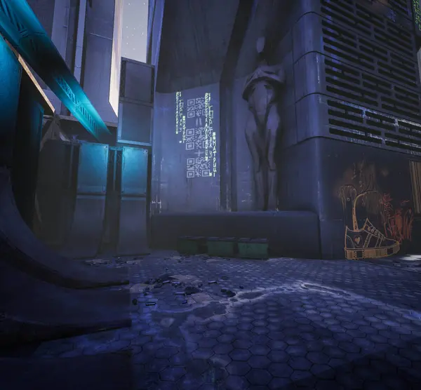 3D, neon tabelaları ve duvar yazıları olan bir siber punk sokak resmi. 