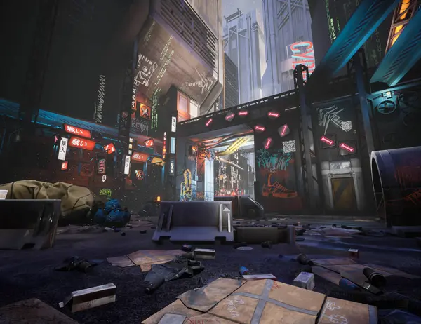 stock image 3D rendered illustration of a cyberpunk urban alley with neon signs and graffities 