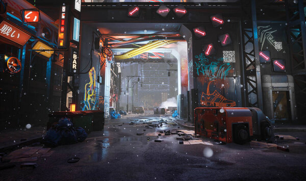 3D rendered illustration of a cyberpunk urban alley with neon signs and graffities 